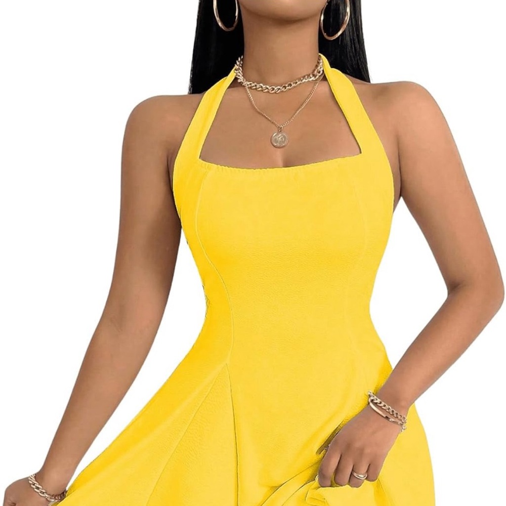 S Women Summer Vacation Halterneck Dress Waist-Hugging Ruffled Midi Skirt Yellow